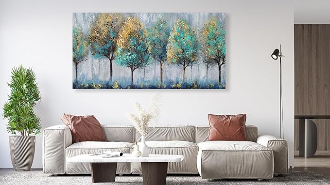 NINEASO Abstract Forest Canvas Wall Art - Teal Yellow Trees Pictures Grey Blue Earthy Wall Decor Modern Botanical Painting Print Artwork for Living Room Bedroom Home Office Decor 29" x 58"