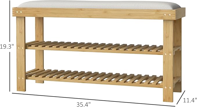 HOMCOM Bamboo Shoe Bench, 3-Tier Entryway Bench with Storage and Cushion, Shoe Organizer for Entryway, Hallway, Holds Up to 331 lbs, 35.4 x 11.4 x 19.3 Inches, Cream White