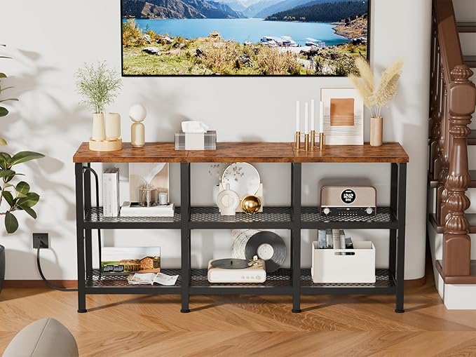 Furologee TV Stand with Power Outlets, Small Entertainment Center with Open Storage Shelves, Media Console Center for TVs up to 50 Inch, Television Stands for Living Room/Bedroom, Rustic Brown