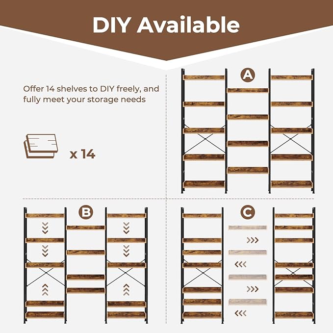 Rolanstar Bookshelf 5 Tiers, Triple Bookcase with Open Display Shelves, Industrial Wide Bookshelf with Metal Frame for Living Room, Office, Rustic Brown