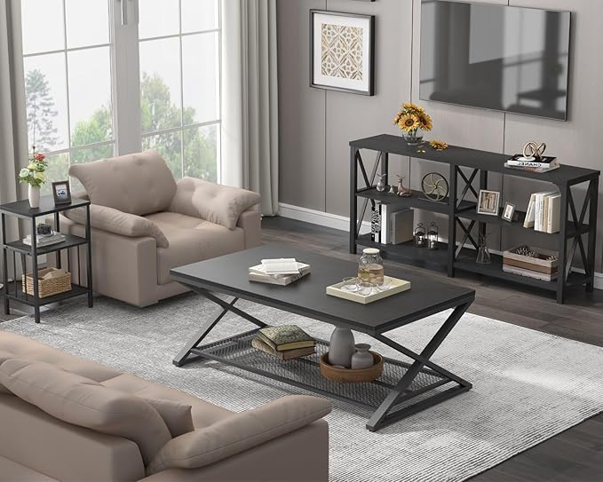 LVB Black Coffee Table, Wood Metal 2 Tier Center Tables with Storage Shelf, Modern Rectangular Concrete Tea Table for Living Room, Wooden Middle Cocktail Table for Office Bedroom, 47 inch, Black Oak