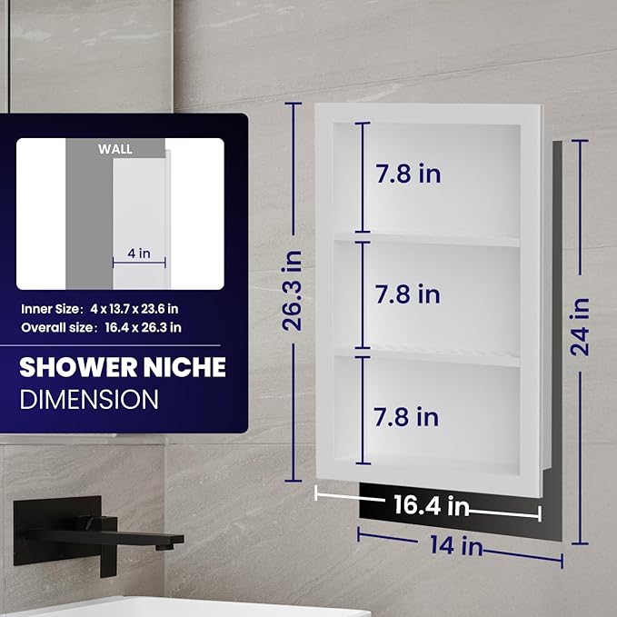 Stainless Steel Shower Niche 14" X 24"，3-Tier Shelf Niches Bathroom Shelf Recessed Wall Niche No Tile Needed Shower Shelf for Bathroom Storage (White, 14 x 24)
