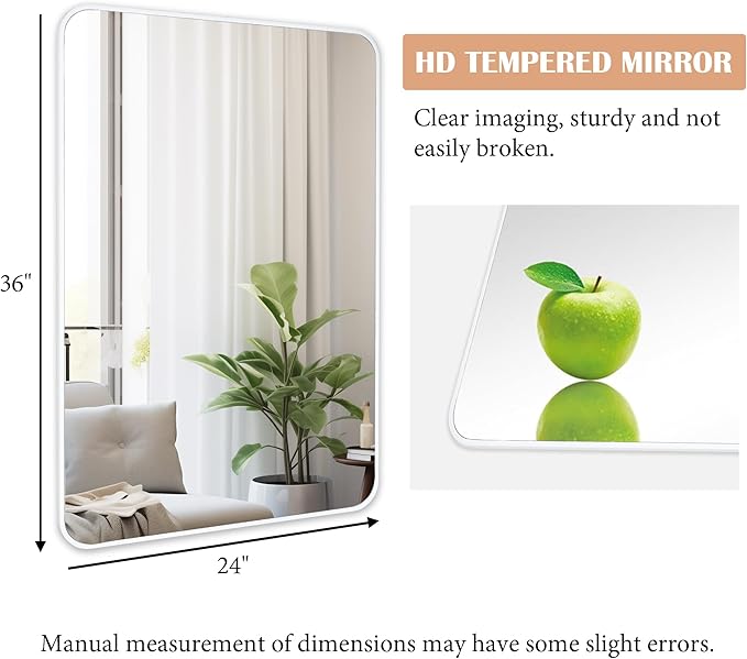 24x36 Inch White Framed Mirror for Bathroom, Rounded Coner Rectangle Mirrors for Wall with Tempered Glass Anti-Rust, Shatterproof Mirror (Horizontal/Vertical Hanging)