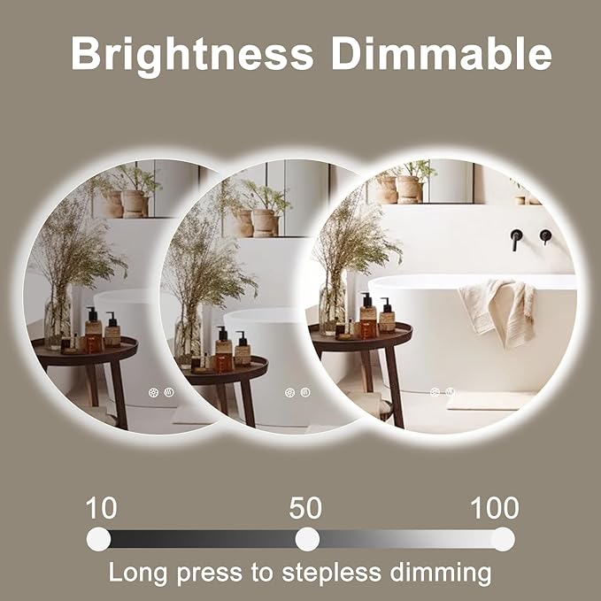24 Inch Round LED Bathroom Mirror Backlit Anti-Fog 3 Colors Light Dimmable Wall Mounted Lighted Bathroom Vanity Mirror Smart Makeup Mirror with Touch Switch