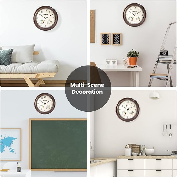 Geevon 12" Vintage Wall Clock Non Ticking with Hygrometer and Thermometer Combo,Battery Operated Quartz Decorative Wall Clocks for Home,Living Room,Office,Classroom,Kitchen,Bedroom Decor