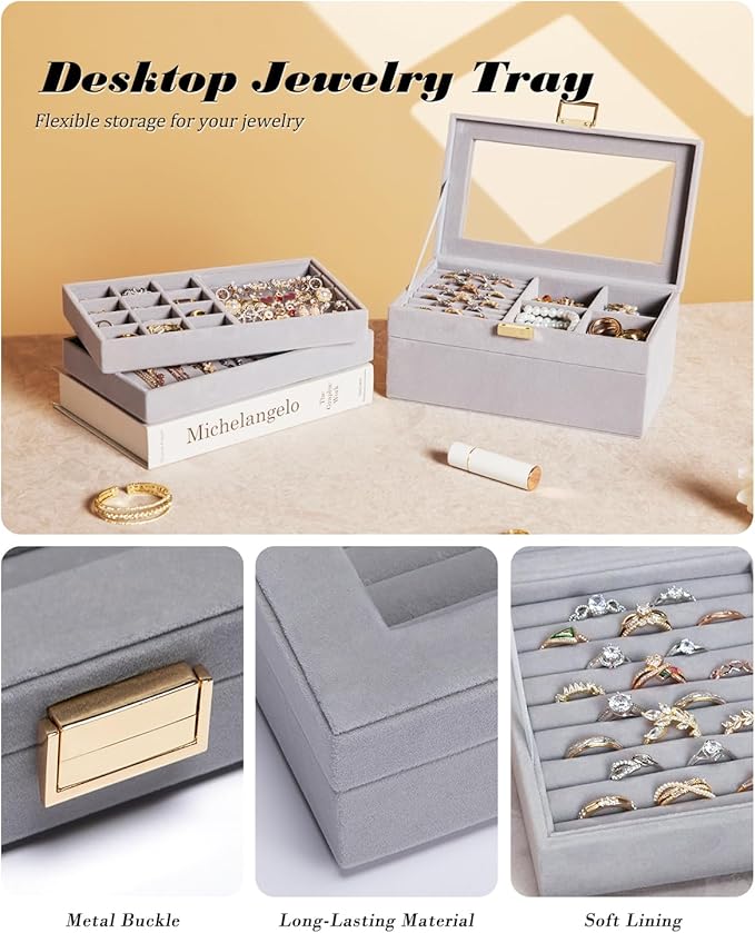 Homde Jewelry Tray Stackable Jewelry Box Drawer Organizer with Glass Lid, Removable Dividers for Vanity Table Gift Idea for Girls and Women (Gray)