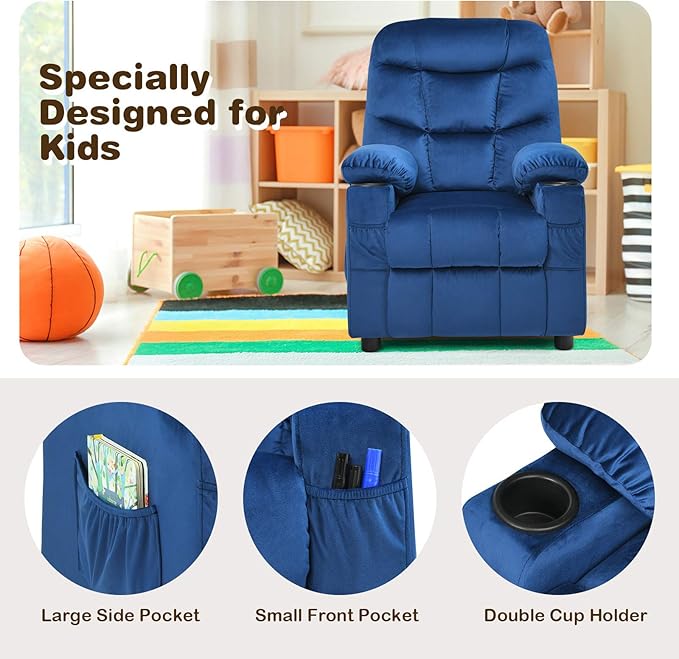 Costzon Kids Recliner Chair with Cup Holder, Adjustable Velvet Lounge Chair w/Footrest & Side Pockets for Children Boys Girls Room, Ergonomic Toddler Furniture Sofa Gifts, Kids Recliner (Blue)
