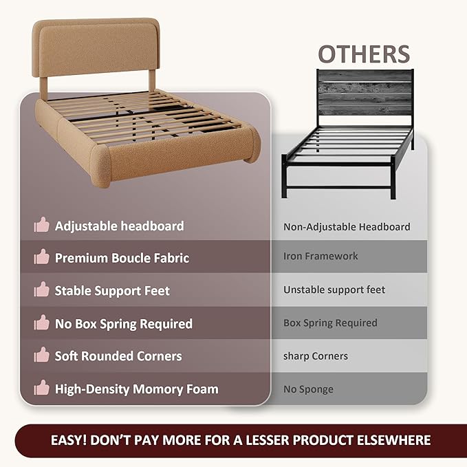 Queen Boucle Platform Bed Frame with Height Adjustable Headboard, Modern Upholstered Cloud Bed, Sleek Curved Design, No Box Spring Needed, Easy Assembly, Noise Free, Camel