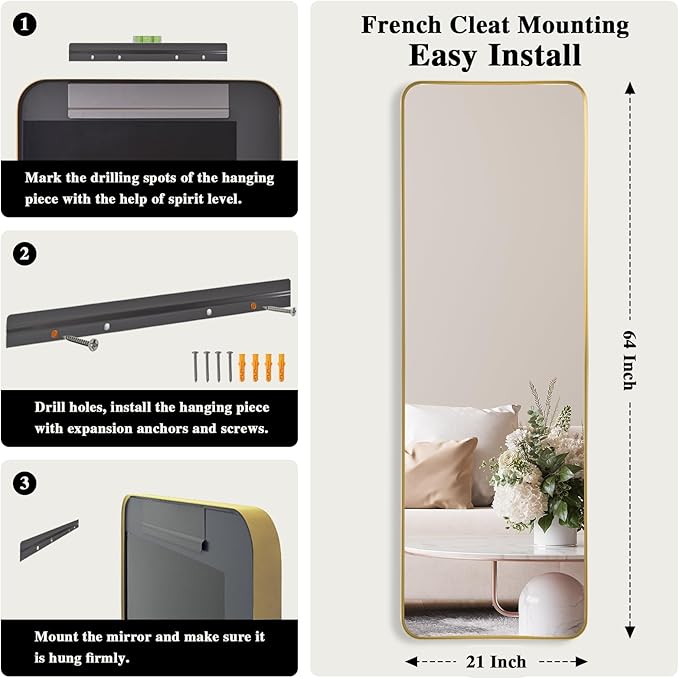 Rectangle Mirror Full Length 21" x 64" Large Floor Mirror Gold Metal Frame Wall Mounted Hanging Mirror for Home Decor Leaning Wall Full Body Dressing Mirror for Closet Bathroom Bedroom