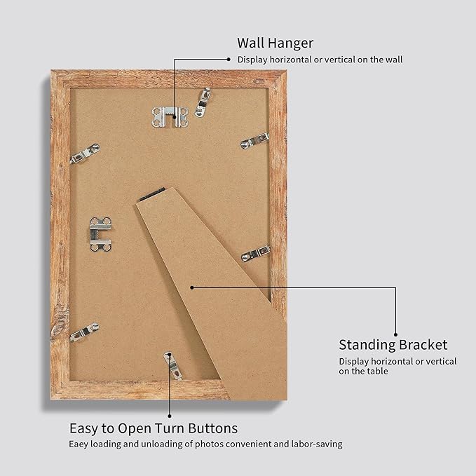 8x12 Picture Frame Set of 4 with High Definition Real Glass, Display 6x8 Pictures with Mat or 8 x 12 Without Mat, Rustic Brown Photo Frames for Tabletop and Wall Mounting