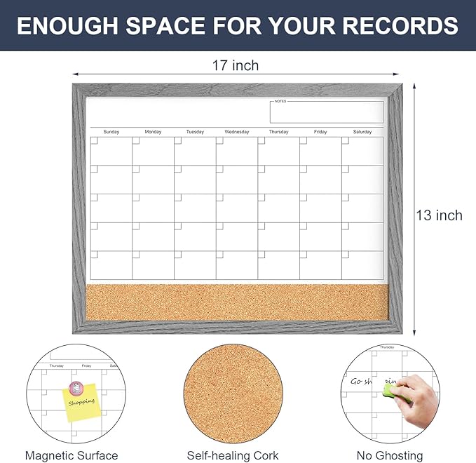 Calendar Whiteboard for Wall, 17x13 Inches Dry Erase Calendar Cork Board Combo, Magnetic Monthly White Board with Wood Framed, Hanging Dry Erase Board for Home Kitchen Office Planner Memo
