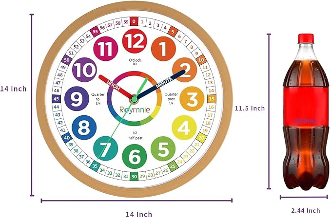 Roymnie14 Inch Wall Clock for Kids Learning to Tell Time Large Analog Silent Battery Operated Teaching Clock Silent Colorful Teaching Time Ideal Gift for Kids Room School