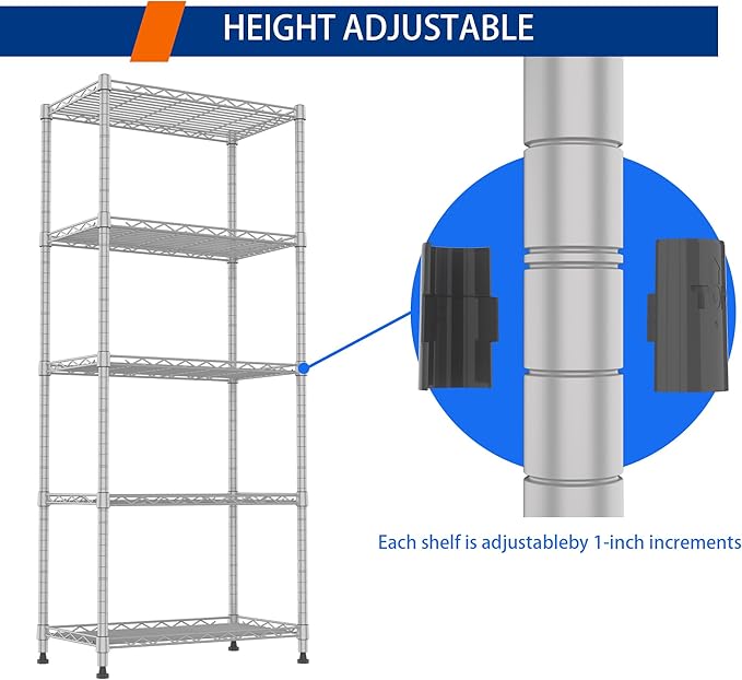 REGILLER 5-Wire Shelving Metal Storage Rack Adjustable Shelves,Standing Storage Shelf Units for Laundry Bathroom Kitchen Pantry Closet(Silver,11.8" D x 21.2" W x 53.5" H)