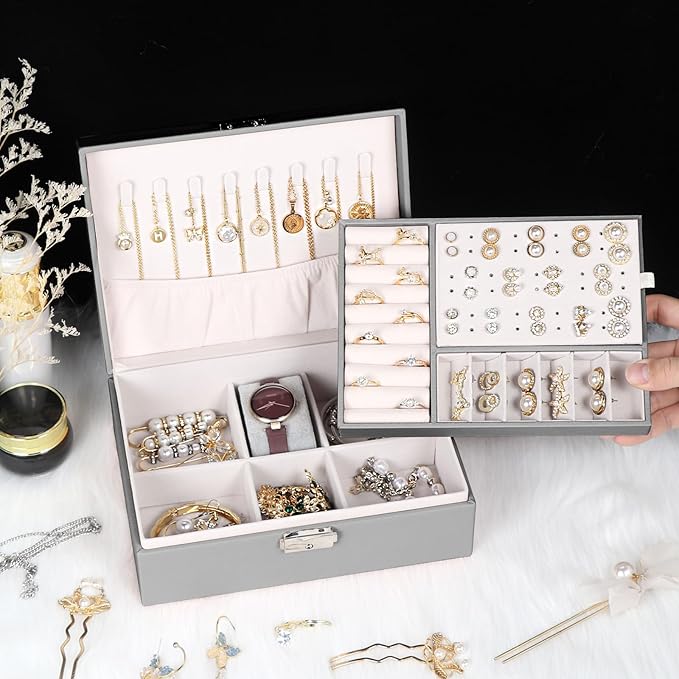 Jewelry Box for Women Girls, 2 Layers Jewelry Organizer Container with Lock, PU Leather Storage Case with Removable Tray, Jewelry Display Box for Necklaces Earrings Bracelets Rings Watches (Grey)