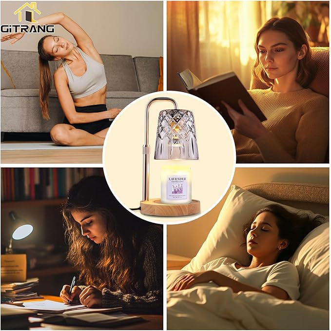 Candle Warming Lamp with Timer Dimmer, Adjustable Height Electric Wax Melt Warmer for Jar Candles with 3 Bulbs, Mother's Day Women's Home Decor Gift, Round Base with Champagne Color Pole