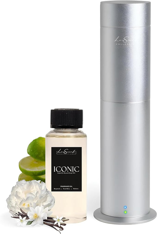 Aroma Scent Diffuser Starter Kit for Up to 1000SQ. FT. Coverage - 120ML Waterless Essential Oil Scent Included - Luxury Aroma Diffuser Ideal for Home, Office & Hotel (Silver, Iconic)