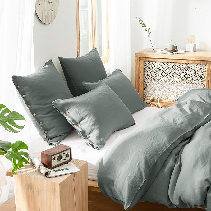 Simple&Opulence 100% Washed Linen Euro Sham Cover, 26 x 26 Inch, Decorative Bed Pillow Cover with Coconut Button, Solid Color Pillow Shams Set of 2 (Greyish Green)