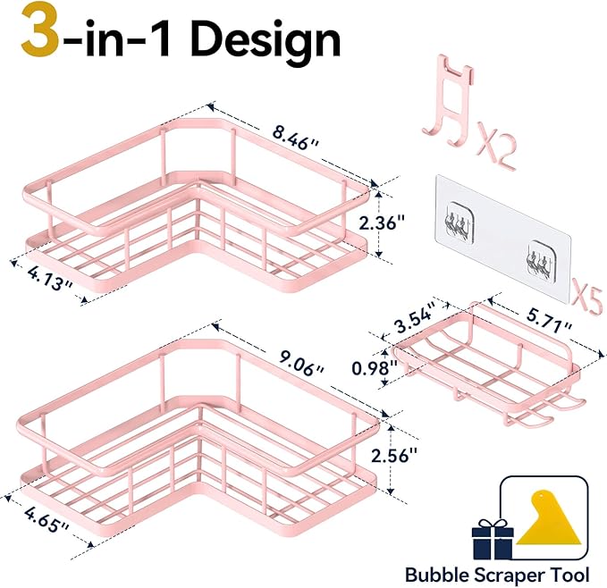 YASONIC Corner Shower Caddy Organizer, 3-Pack Self-Adhesive Rustproof Bath Shelves with Soap Holder & 4 Hooks, Large Capacity Shower Storage Rack for Bathroom Organization, Pink