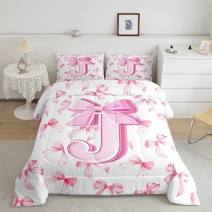 jejeloiu Kids Girls Cute Pink Bow Comforter Set Queen Size Monogrammed Bedding Set Ultra Soft Personalized Initial J Duvet Quilt Coquette Bow Knot Quilt Set Room Decor Modern Fashion Comforter