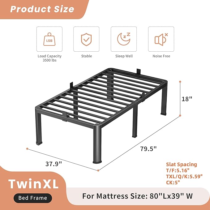 18 Inch Twin XL Heavy Duty 3500 lbs Bed Frame with Round-Corner Legs & Anti-Squeak Design – Quick Assembly Metal Platform, No Box Spring Needed