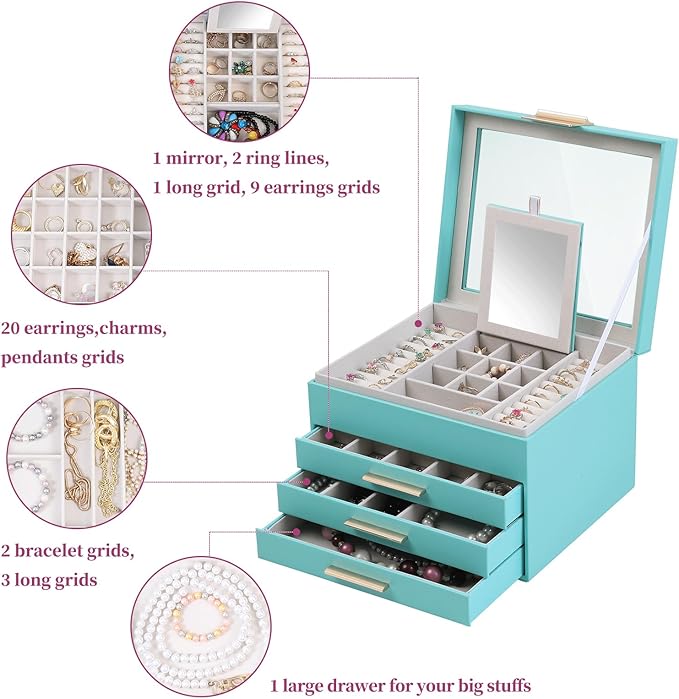 BOOVO Clear Lid Jewelry Box,4 Layers Jewelry Organizer Large Jewelry Storage Box with 3 Drawers,Jewelry Holder Organzier of Rings Earrings Necklace Bracelets for Women (Turquoise blue, 4 Layer)
