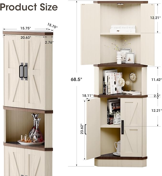 68.5" Tall Farmhouse Corner Cabinet with 4 Doors and 5 Storage Shelves, Farmhouse Storage Cabinet with Barn Door Design, Home Space Saver for Living Room, Kitchen