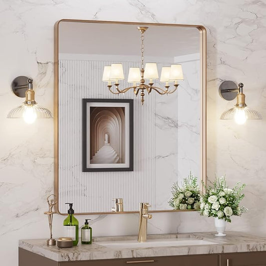 LOAAO 30”X36” Gold Bathroom Mirror, Rounded Rectangle Gold Frame Mirror, Brushed Gold Bathroom Vanity Mirror Wall-Mounted, Anti-Rust, Tempered Glass, Hangs Horizontally or Vertically