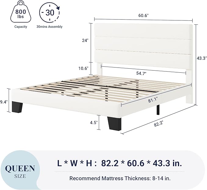 Allewie Queen Size Platform Bed Frame with Velvet Upholstered Headboard and Wooden Slats Support, Fully Mattress Foundation/No Box Spring Needed/Easy Assembly, White