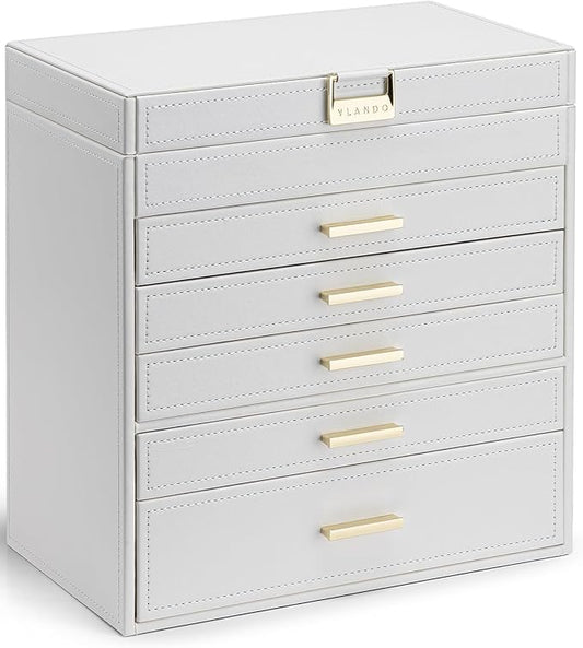 Vlando 6 Layer Large Jewelry Box - Jewelry Holder Organizer, Jewelry Box Organizer for Drawer Necklace Ring Bracelet and Watch, Birthday Gift for Loved Ones - White