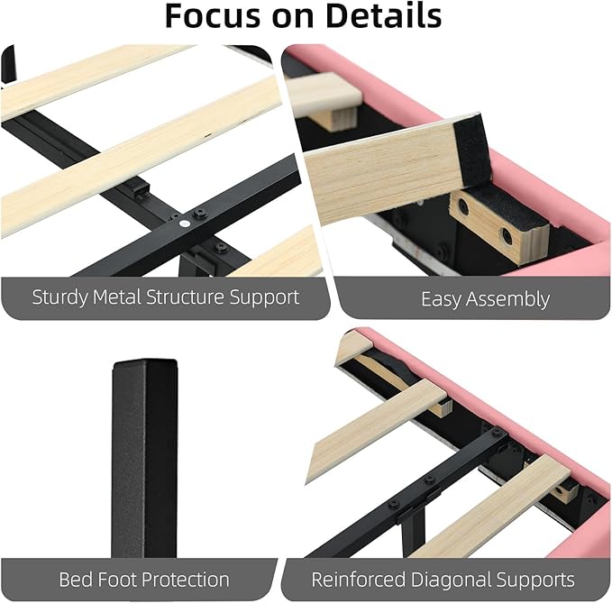 HOMBCK Floating Twin Bed Frame with Smart LED Lights, Faux Leather Upholstered Platform Bed with Diamond Headboard, No Box Spring Needed, Noise-Free, Easy Assembly, Pink