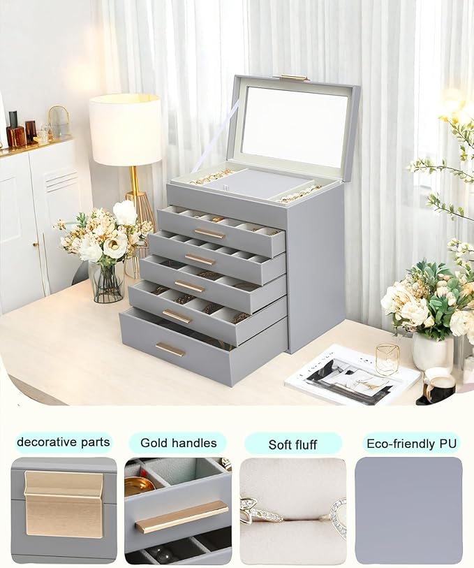 BOOVO Jewelry Boxes for Women, White and Black 6 Layer Large Jewelry Box for Necklace, Bracelet, Earrings, Rings Storage, Jewelry holder Organizer for Girls Gift (Grey, 6 Layer)