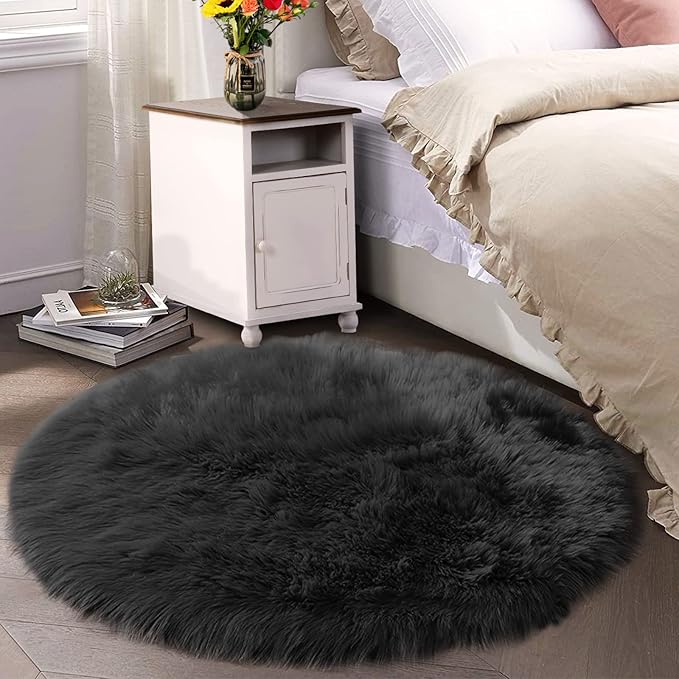 Latepis Black Shag Round Rug 5ft Washable Shaggy Circle Rugs Faux Fur Fuzzy Throw Rug for Living Room Bedroom Dorm Large Rugs Room Decor