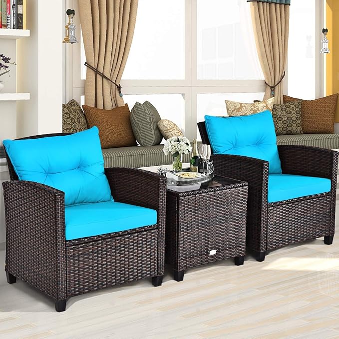Tangkula 3 Pieces Patio Furniture Set, PE Rattan Wicker 3 Pcs Outdoor Sofa Set w/Washable Cushion and Tempered Glass Tabletop, Conversation Furniture for Garden Poolside Balcony (Turquoise)