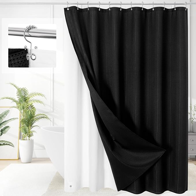 3 in 1 Long Shower Curtain Set-72 W x 78 H, Black Waffle and PEVA Liner Set with 12 Stainless Steel Hooks, Waterproof Fabric for Bathroom
