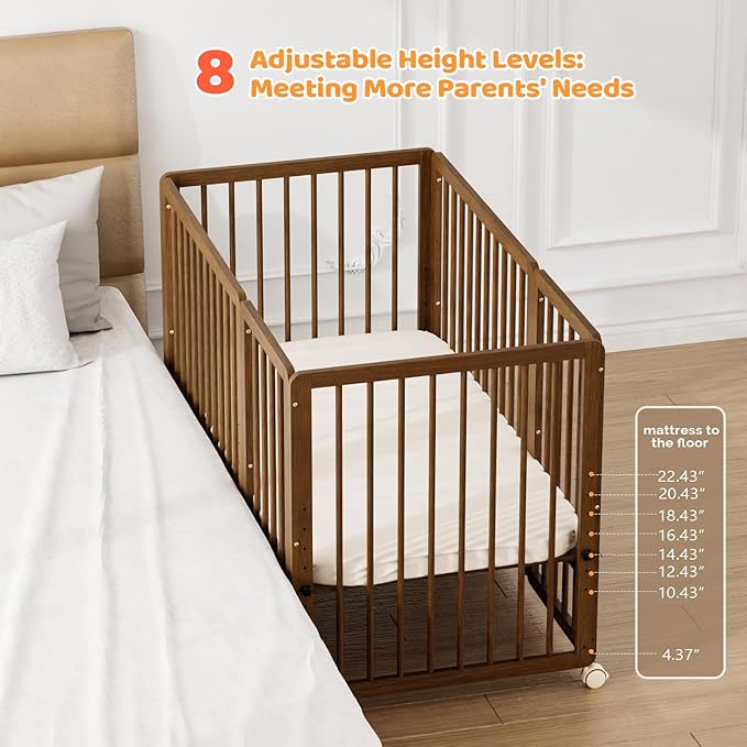 JOYMOR 8 in 1 Convertible Crib with Changer, Include 2” Mattress, Converts to Bassinet, Mid Crib, Full Size Crib, Daybed,Toddler Bed and Playard (Crib, Honey Wood)