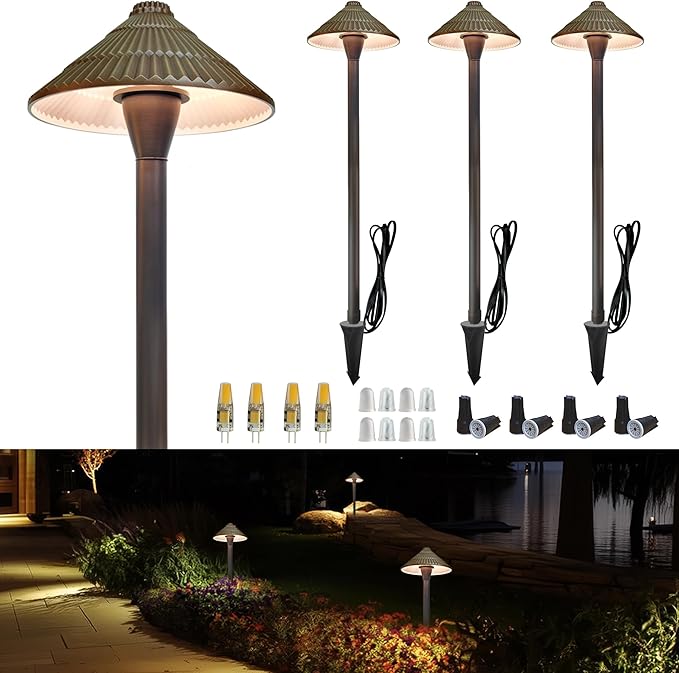 COLOER Solid Cast Brass Pathway Lights, 4 Pack 12V Low Voltage Landscape Lighting LED Path Lights with G4 Bulb for Outdoor Walkway, Garden, 23" Tall, 7.5" Shade