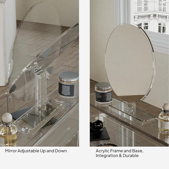 Eglaf Acrylic Small Vanity with Mirror - 23.6'' L x 15.8'' W x 33.9'' H - Modern Makeup Vanity Desk for Small Spaces - Clear Makeup Table Dressing Table, for Bedroom, Cloakroom