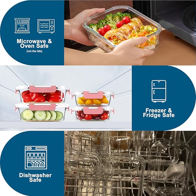 BAYZZ 10 Pack Glass Meal Prep Containers, Glass Food Storage Containers with Lids, Airtight Lunch Box, Freezer,Oven,Microwave and Dishwasher Safe,Pink