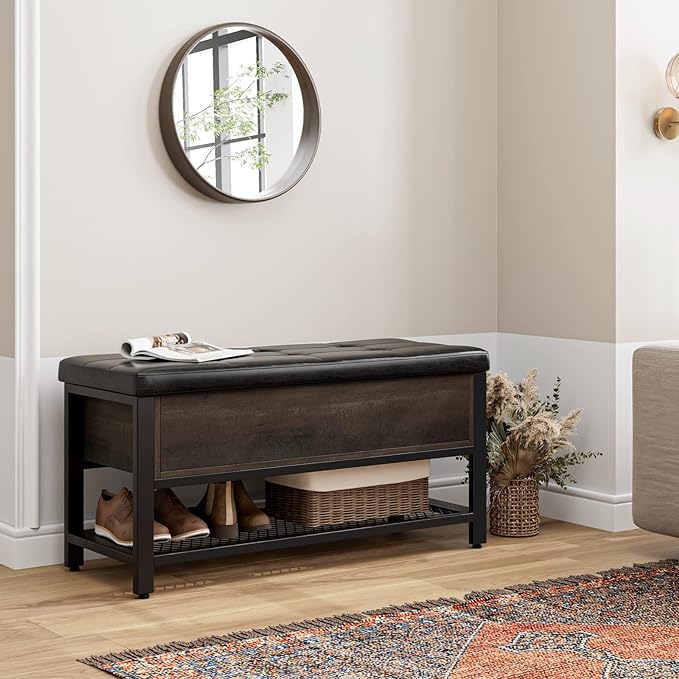 HOSTACK Storage Bench, Entryway Shoe Bench with Flip-Open Storage Box, End of Bed Ottoman Bench with Storage Shelf and Padded Seat for Bedroom, Hallway, Dark Brown