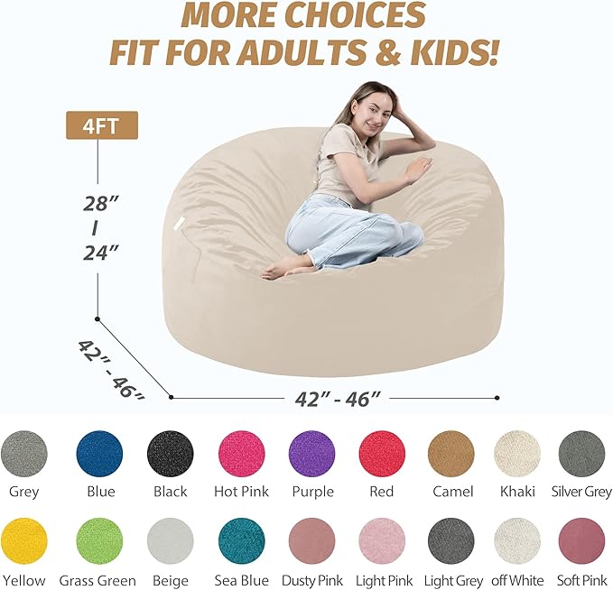 4FT Bean Bag Chair with Ultra Soft Velvet Cover Bean Bag Sofa with Memory Foam Bean Bag Chairs with Large Size Lazy Sofa for Dorm Office Living Room Bedroom Beige 4'