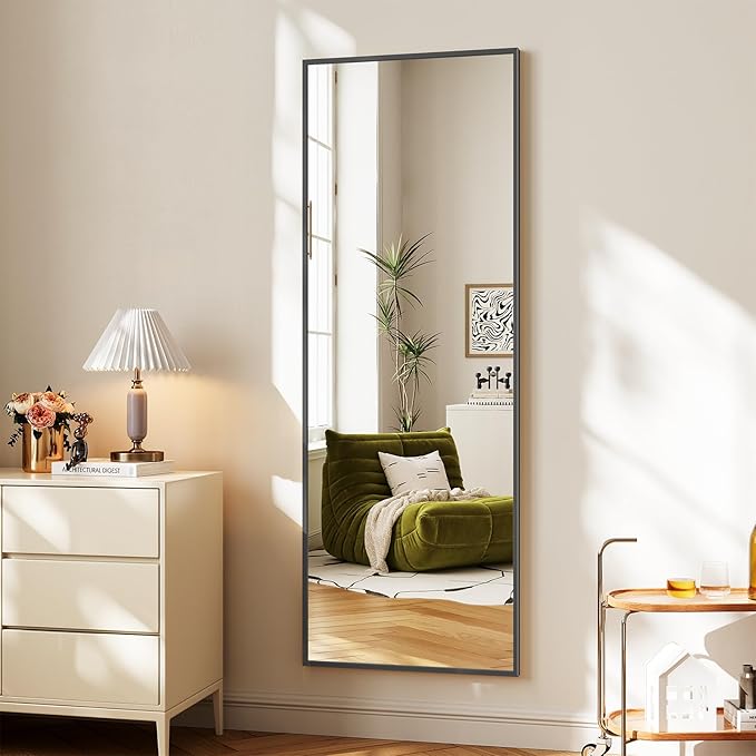 Koonmi Large Mirrors, 64"x21" Full Length Mirror with Stand, Full Body Mirror with Aluminum Alloy Frame, Hanging or Leaning Against Wall Floor Standing Mirrors for Bedroom Living Room, Black