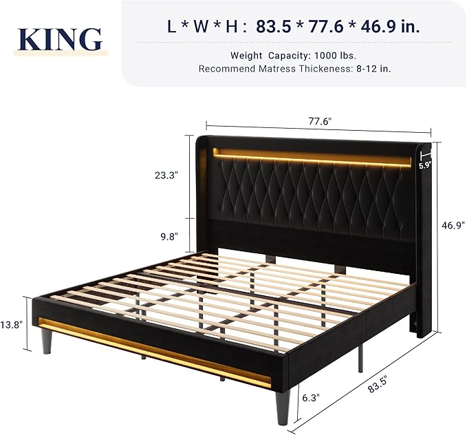 Allewie Upholstered King Size Platform Bed Frame with LED Light and Charging Station, Button Tufted High Headboard, Wingback Design, Noise Free, Easy Assembly, No Box Spring Needed, Black