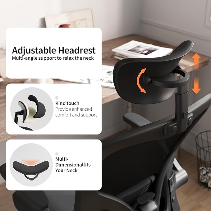 Monhey Office Chair Ergonomic Desk Chair with Lumbar Support&Headrest&Flip-up Arms Height Adjustable Rocking Swivel High Back Computer Chair Black Mesh Study Chair (03All Black)