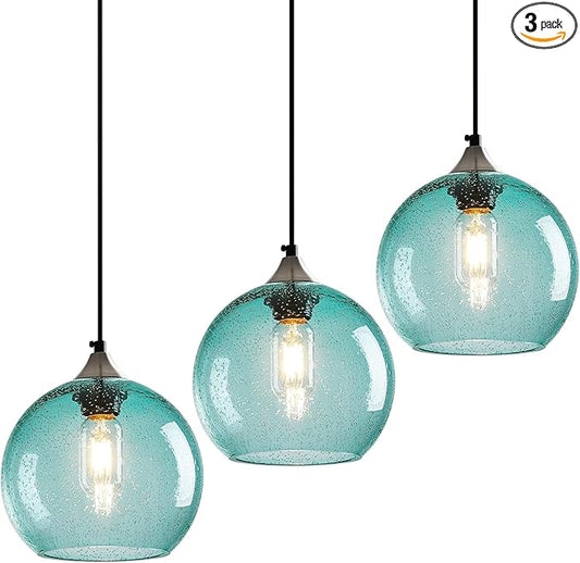 Light Blue Glass Pendant Lights Kitchen Island Lighting Globe Pendant Light Fixtures Modern Pendant Lighting for Bedroom Living Dining Room Light Fixture (7.87 in, 3 Pack)