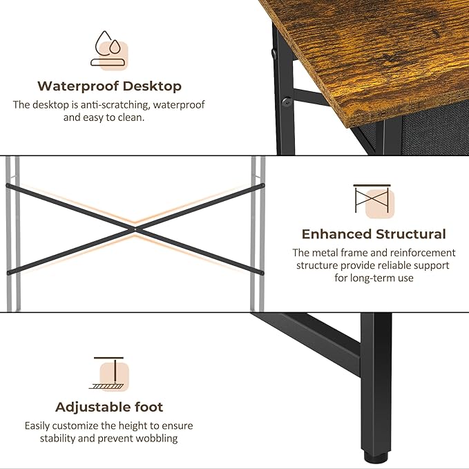Small Writing Desk with 3 Drawers for Bedroom, 37.2 Inch Computer Desk for Small Spaces, Simple Desk with Drawers for Kids Bedroom, Home Office, Dorm, Living Room, Home Study Table, Rustic Brown