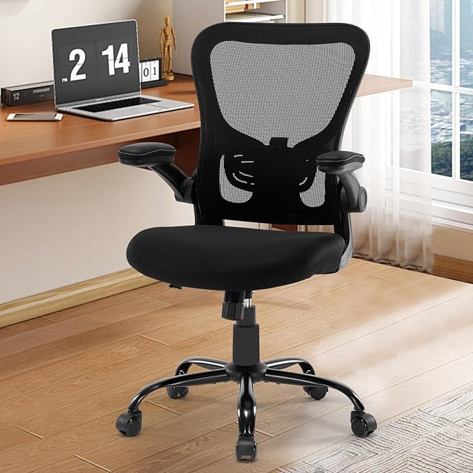 Office Chair Ergonomic Desk Chair Mesh Computer Home Office Desk Chair with Adjustable Lumbar Support Flip-up Armrests, 360 Swivel Comfy Task Executive Chair, Black