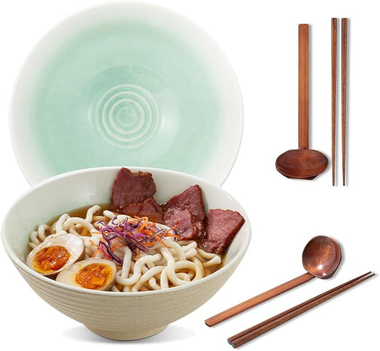 8 Inch Ceramic Ramen Bowl Set of 2, 40oz Japanese Bowls with Spoons & Chopsticks,Durable,Microwave & Dishwasher Safe,Perfect for Ramen,Pho,Salad,Soup,Noodles，Mixing bowls（Cyan Sea）