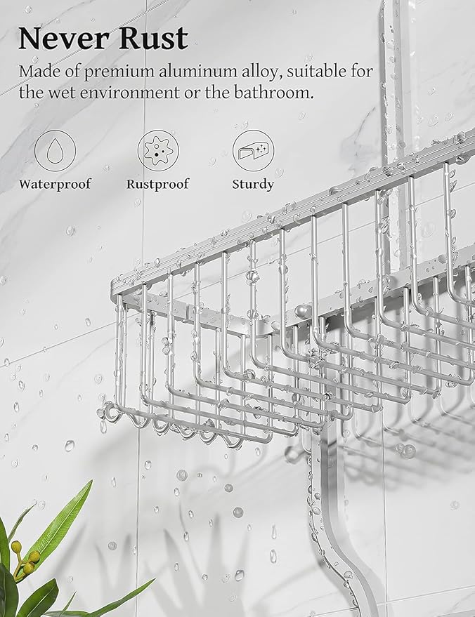 YASONIC Shower Caddy Hanging - Never Rust Shower Organizer - Aluminum Over The Head Caddy with 10 Hooks for Razor/Sponge - Rack with Soap Basket - Silver