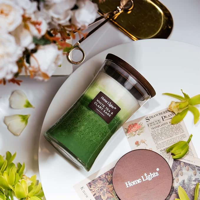 HomeLights 3-Layer Candles for Home Scented, 21.52 OZ Natural Soy Wax Scented Candles Burns Up to 100 Hours, Large Jar, White Tea & Clary Sage