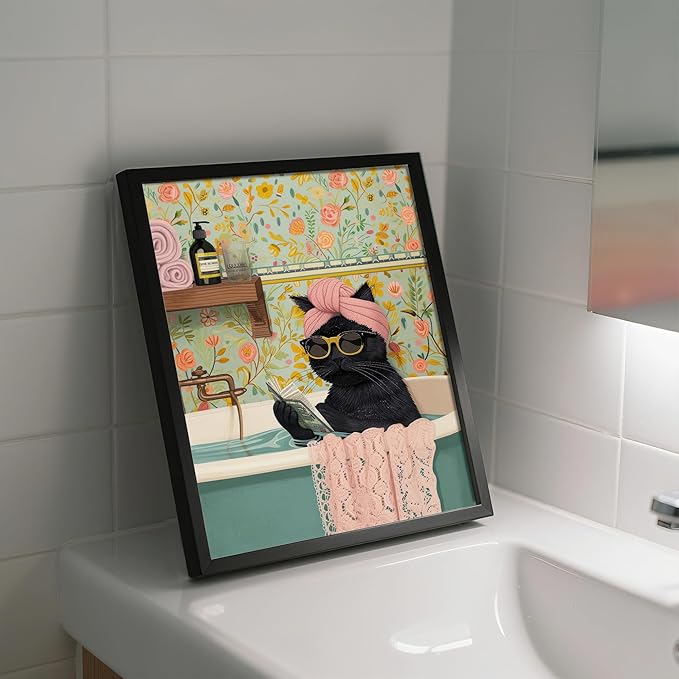 Framed Vintage Cat Canvas Wall Art, Funny Pink Animal Reading Books Painting Picture Print, Cute Kitten Lovers Aesthetic Wall Decor for Nursery Girls Room Bedroom Kids Room 10''L x 8''W